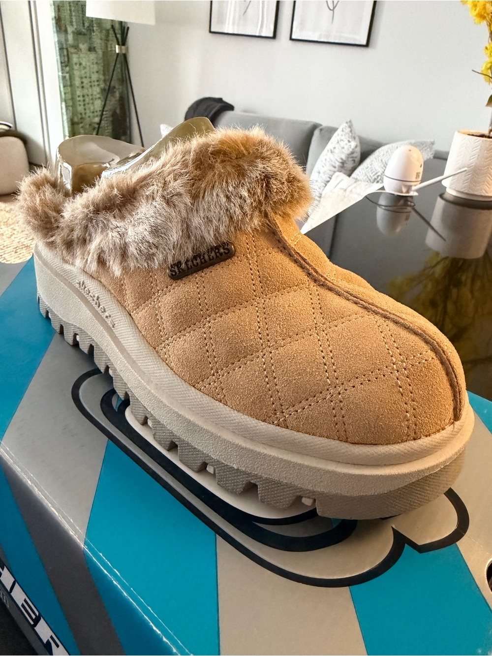 Skechers Shindigs - Women's Quilted Faux-Fur Lined Slip-On Clog in Tan